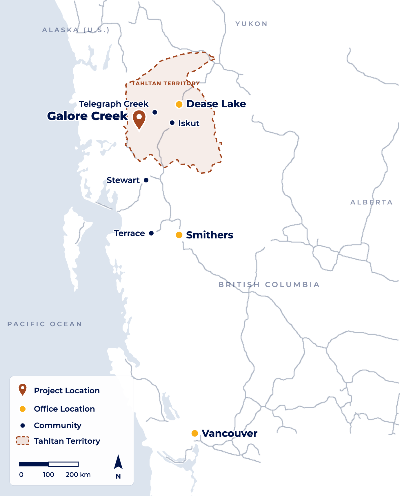 Map of northwest British Columbia showing the Galore Creek Project, Tahltan Territory, nearby communities and Galore Creek offices in Dease Lake, Smithers and Vancouver